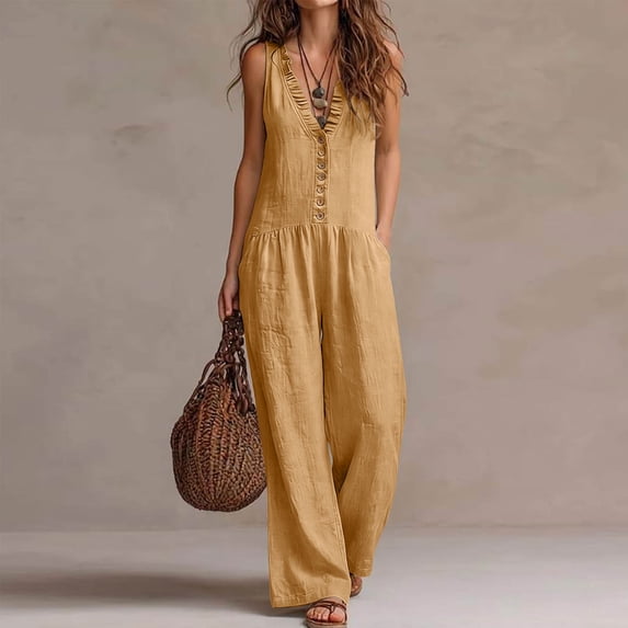 DailyTrove Women's Sleeveless Linen-Blend Jumpsuit, Casual Summer Wide-Leg Romper