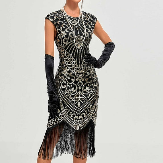 DailyTrove Women's Sleeveless Sequin Flapper Dress, Fringe Trim, Great Gatsby & Themed Party Wear, Dramatic Fit