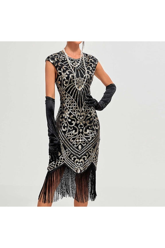 Women's Sleeveless Sequin Flapper Dress, Fringe Trim, Great Gatsby & Themed Party Wear, Dramatic Fit