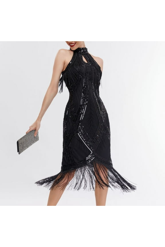 Women's Sleeveless Sequin Flapper Dress, Fringe Trim, Roaring 20s & Party Wear, Fit
