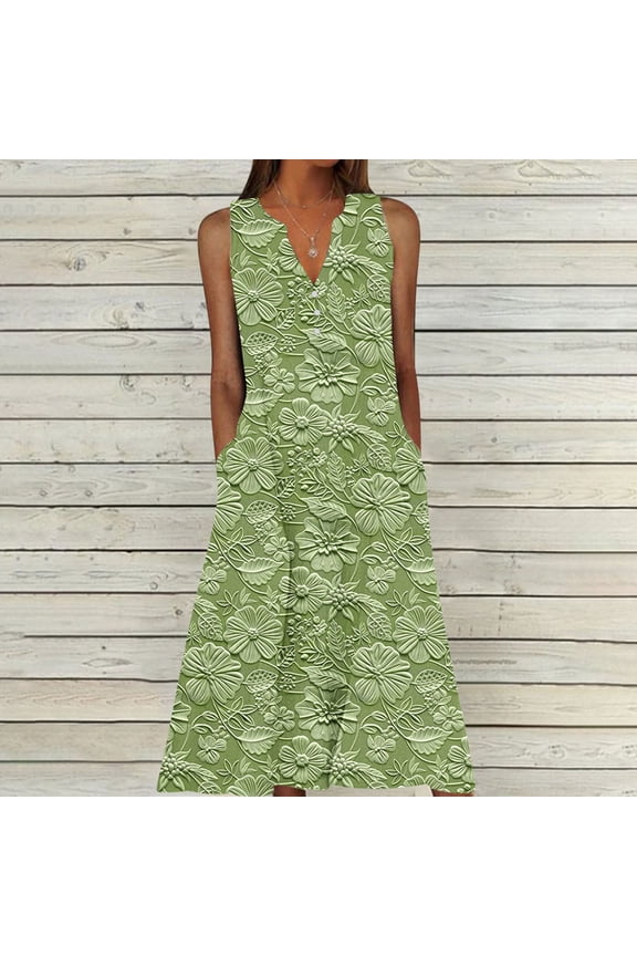 Women's Sleeveless V Neck Leaf Print Maxi Dress, Nature Inspired Outerwear for Summer Picnics Casual Outings