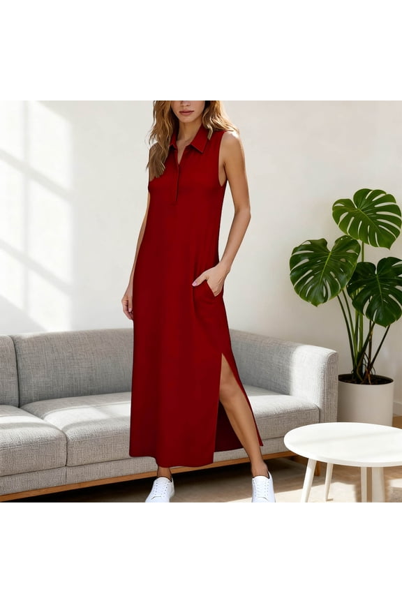 Women's Sleeveless V-Neck Maxi Dress with Side Slit, Linen Blend & Breathable
