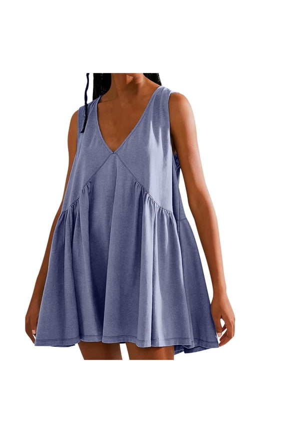 Women's Sleeveless V-Neck Swing Dress, Solid Color, Summer Casual & Festival Wear, Playful