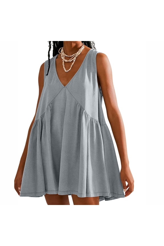 Women's Sleeveless V-Neck Swing Dress, Solid Color, Summer Casual & Picnic Wear, Flattering Fit