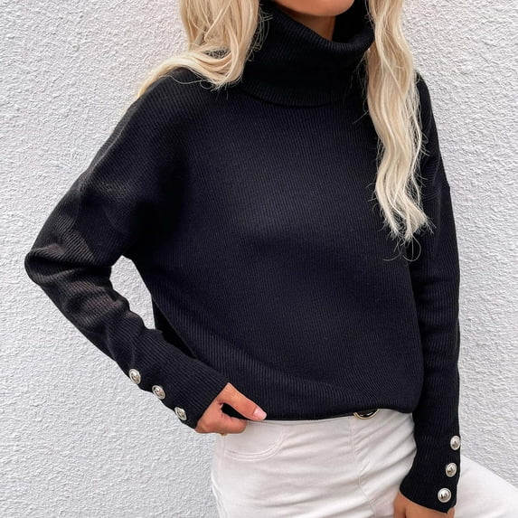 DailyTrove Women's Solid Color Turtleneck Knit Sweater, Long Sleeve, Casual Office & Winter Wear, Durable Wool Blend, Slim Fit, Plus Size Friendly