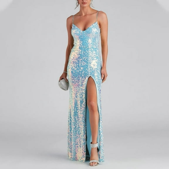 DailyTrove Women's Spaghetti Strap High Slit Maxi Dress, Sleeveless Floor Length, Formal Evening Party Gown, Flowy Polyester, Event Outfit