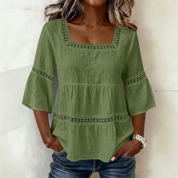 DailyTrove Women's Square Neck Bell Sleeve Peplum Blouse, Tiered Ruffle Design