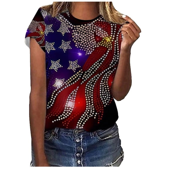 DailyTrove Women's Star-Spangled Banner Print T-Shirt - Short Sleeve Casual Tee, Patriotic for American Celebrations & Streetwear