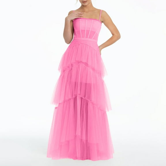 DailyTrove Women's Strapless Tiered Maxi Dress-Floor-Length-Chiffon-for Formal Event/Wedding-Flowy Tiered Design