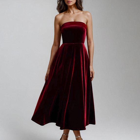 DailyTrove Women's Strapless Velvet Midi Dress - Formal Party & Event Gown, Elegant for Holiday Celebrations for women