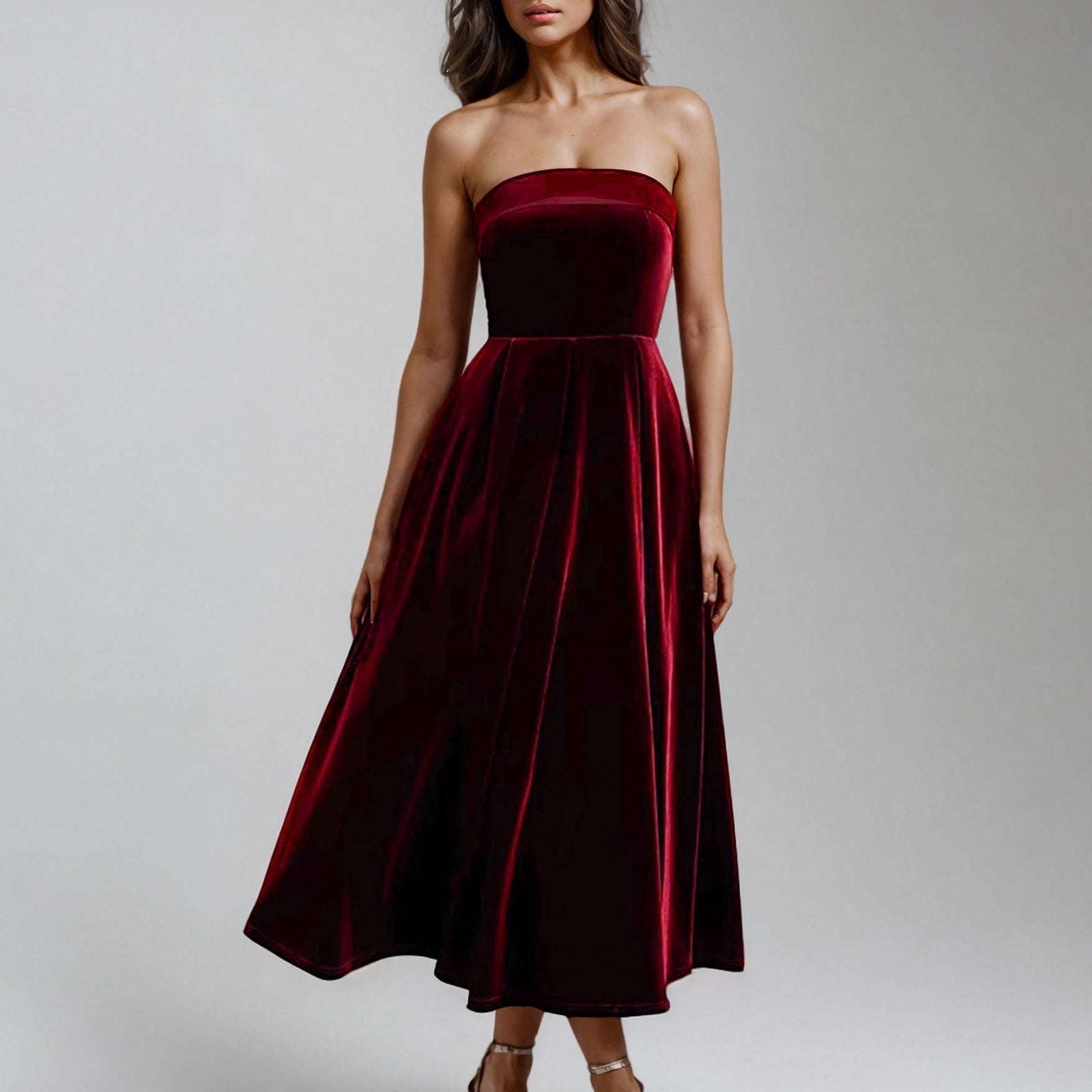 DailyTrove Women's Strapless Velvet Midi Dress - Formal Party & Event Gown,  Elegant for Holiday Celebrations for women