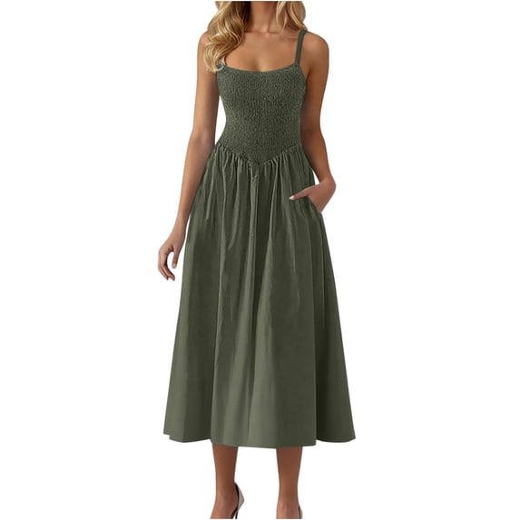 DailyTrove Women's Strappy Belted Midi Dress, Elegant Outerwear for Summer Office Commute Formal Events