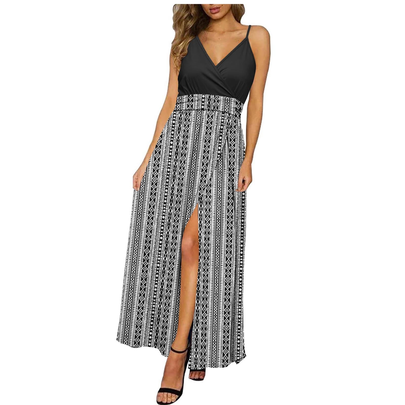 Dailytrove Women's Strappy High Waist Side Slit Vertical Striped Maxi Dress, Slimming Outerwear for Summer Beach Trips Casual Outings, Size: DT-2XL