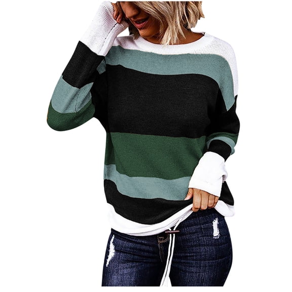 DailyTrove Women's Striped Color Block Knit Sweater, Long Sleeve, Casual Office & Weekend Wear, Lightweight Wool Blend, Relaxed Fit, Plus Size Friendly