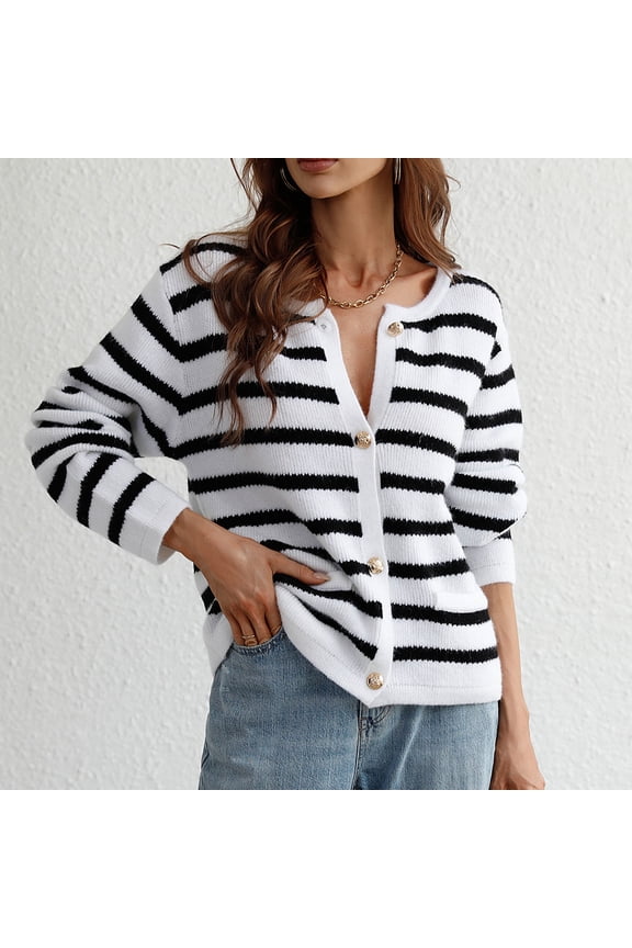 Women's Striped Knit Cardigan, Long Sleeve, Casual Office & Weekend Wear, Soft Wool Blend, Plus Size Friendly