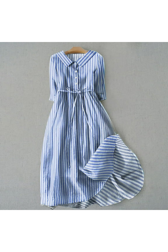 Women's Striped Midi Dress-Half-Sleeve-Tie-Neckline-Flowy Silhouette-Linen--for Summer Beach/Weekend- Design