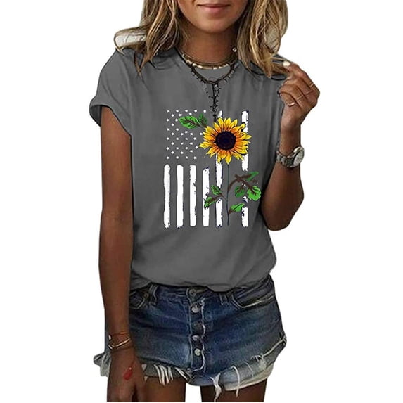 DailyTrove Women's Sunflower & American Flag Graphic T-Shirt - Short Sleeve Casual Tee, Patriotic for 4th of July & Daily
