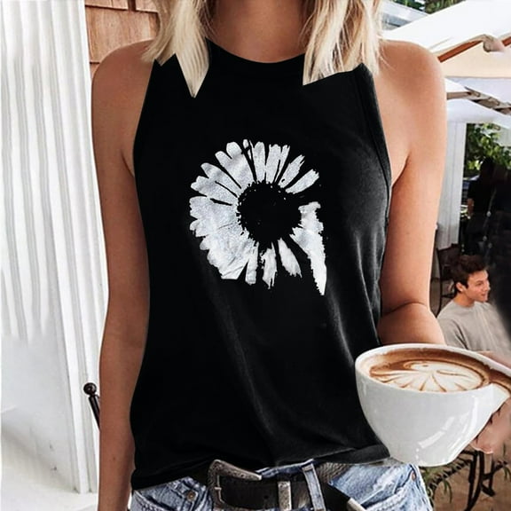 DailyTrove Women's Sunflower Graphic Racerback Tank Top - Polyester Casual Summer & Festival Wear, Cute for Beach & Gatherings