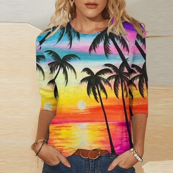 DailyTrove Women's Sunset Palm Tree Print Short Sleeve T-Shirt - Casual Loose Tee, Tropical for Beach Vacations & Gatherings