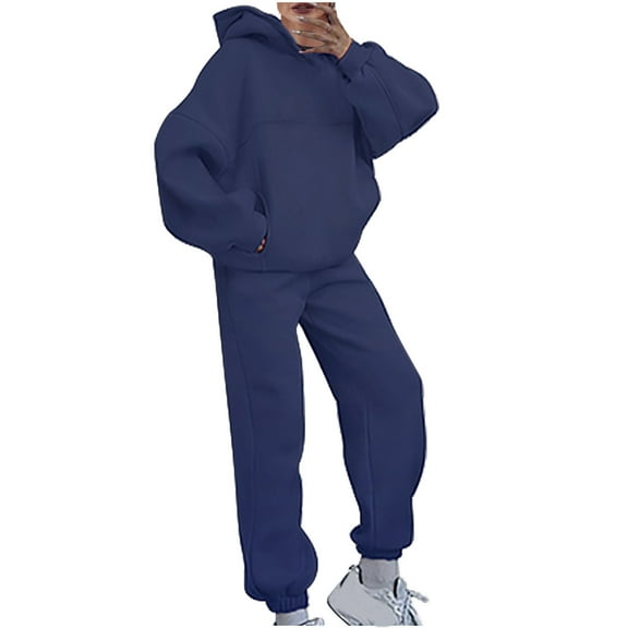 DailyTrove Women's Sweatsuits 2 Piece Set Casual Winter Long Sleeve Hoodie Loose Wide Leg Sweatpants Fall Tracksuit,Navy