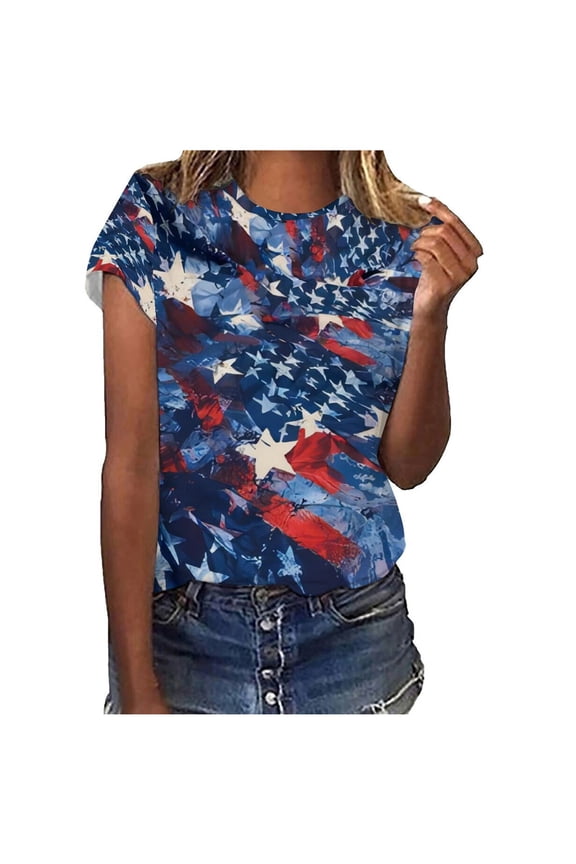 Women's Tie-Dye American Flag Print T-Shirt - Short Sleeve Casual Tee, Patriotic for 4th of July & Events