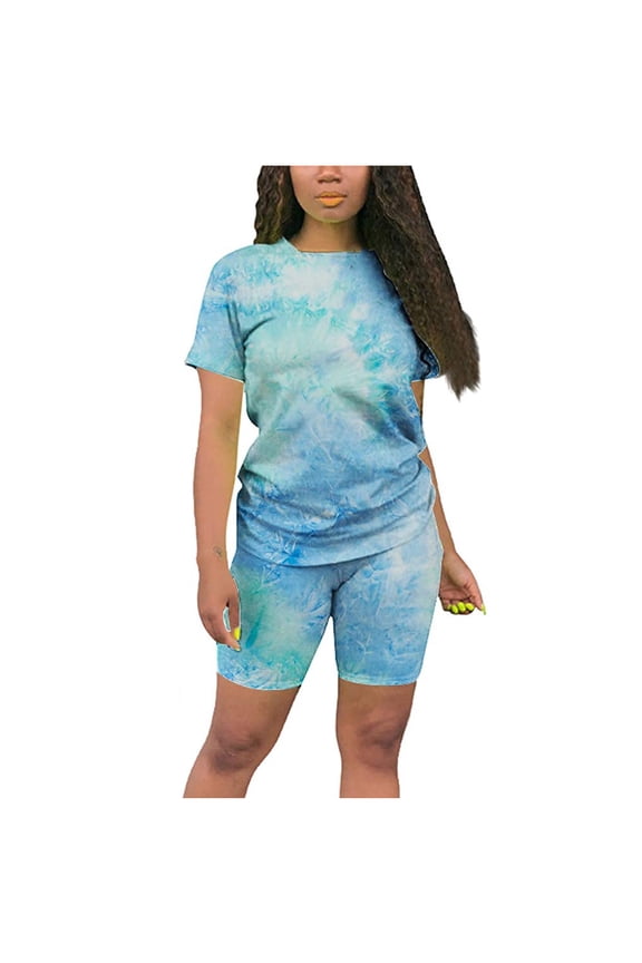 Women's Tie-Dye Casual Two-Piece Set (Short Sleeve Tee + Shorts) - Vibrant for Lounge & Beach Days