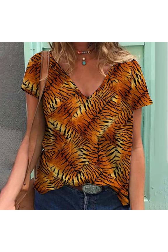 Women's Tiger Stripe Print V-Neck Top - Short Sleeve Casual Tee, Edgy for Streetwear & Daily