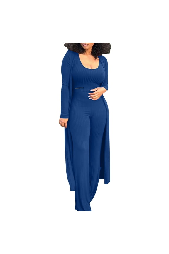 Women's Tracksuit Winter Autumn Knitted Long-sleeved Blazer Coat Tank Long Pants Three Piece Sets Outfit,Blue