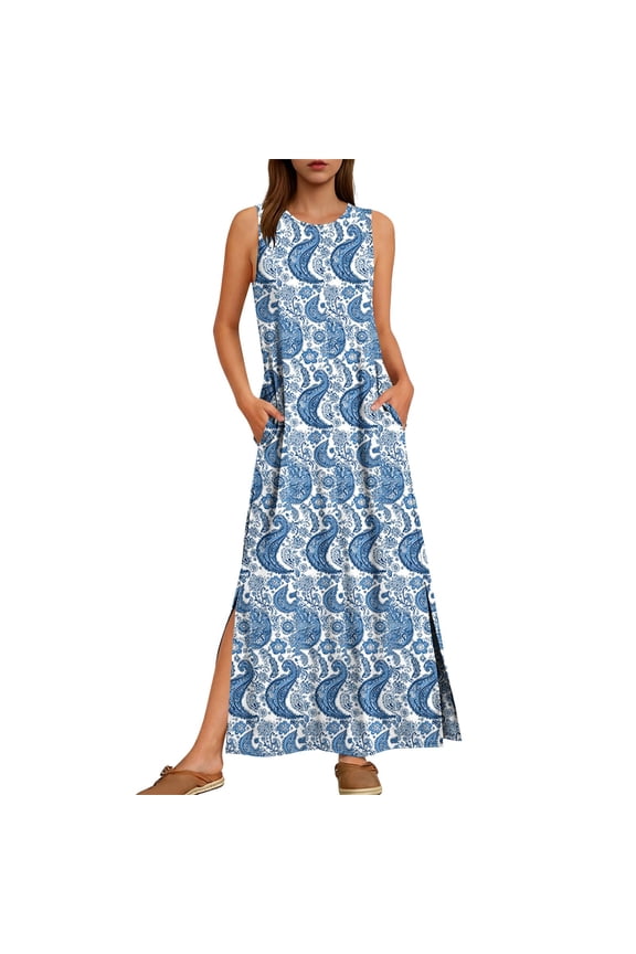Women's Tropical Palm Print Sleeveless Beach Cover Up Maxi Dress - Breathable Sun Protection Vacation Wear