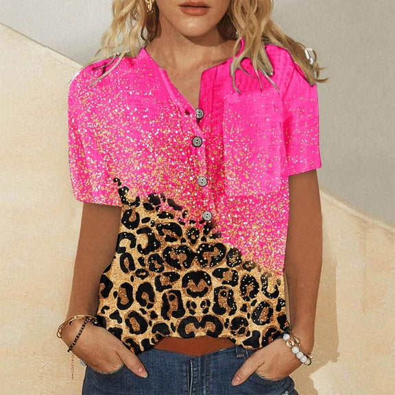 DailyTrove Women's Turquoise & Leopard Print Patchwork Top - Short Sleeve Casual Blouse, Edgy for Streetwear & Nights