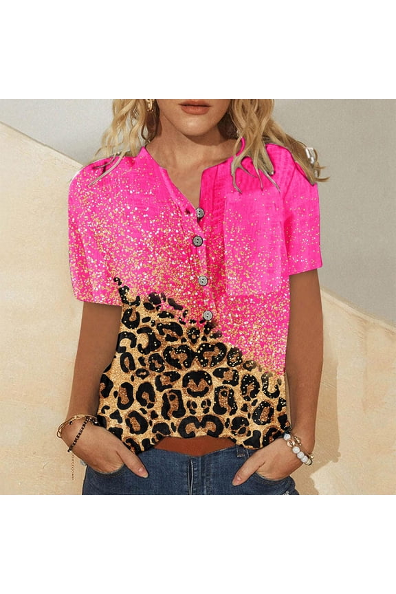 Women's Turquoise & Leopard Print Patchwork Top - Short Sleeve Casual Blouse, Edgy for Streetwear & Nights