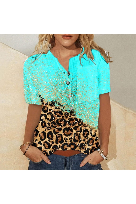 Women's Turquoise & Leopard Print Patchwork Top - Short Sleeve Casual Blouse, Edgy for Streetwear & Nights