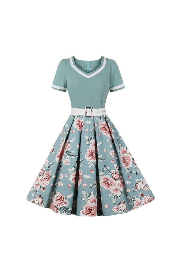 Women's Two-Piece Swing Dress Set-Short Sleeve Top-High-Waisted Skirt-Cotton Blend-for Picnic/Retro Event-Matching Set