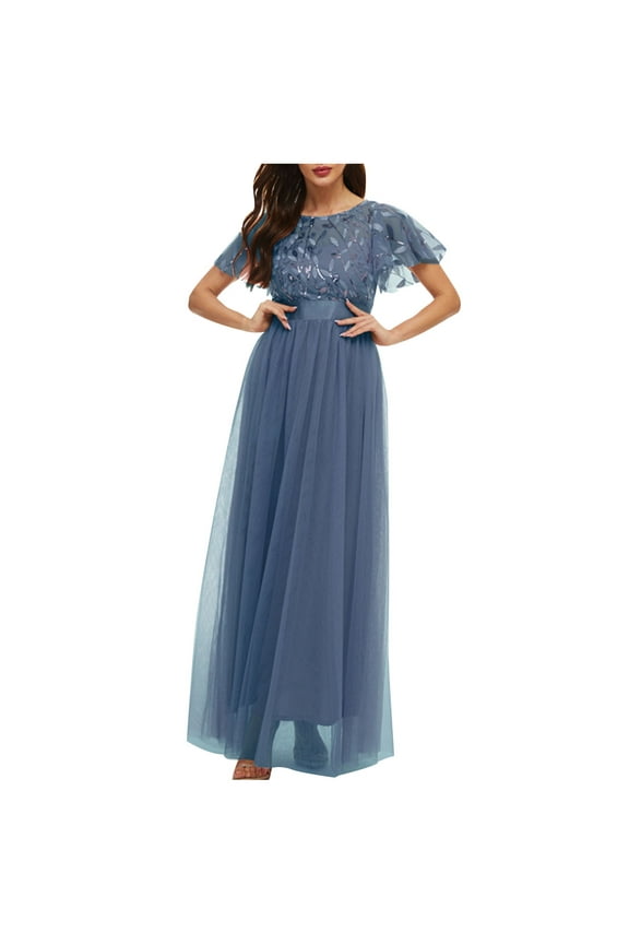 Women's Two-Tone Maxi Dress-Short Sleeve- & Flare-Polyester -for Formal Event/Wedding-Contrast Color