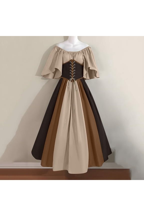 Women's Two-Tone Midi Dress-Puff Sleeve-Square Neck-Cotton Blend-for Garden Party/Retro Event-Contrast Color Design