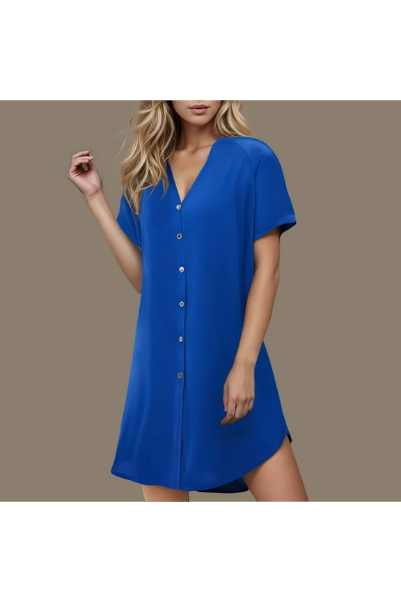 Women's V Neck Button Short Sleeve Shift Dress, Effortless Outerwear for Summer Street Style Daily Wear