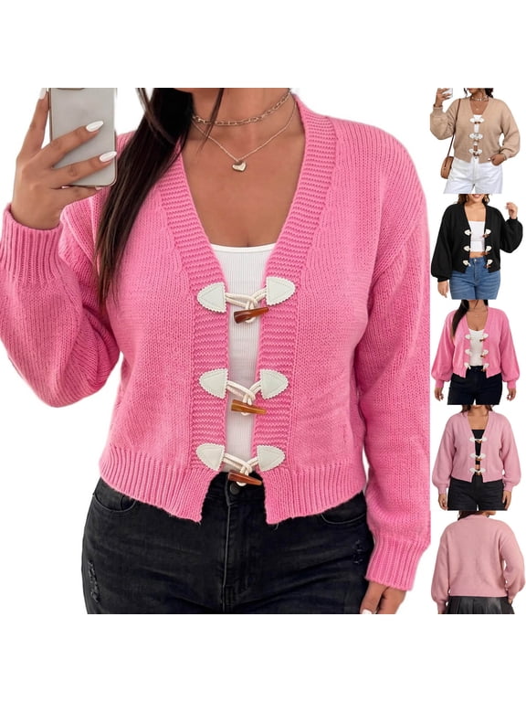 Women's V Neck Horn Toggle Button Cardigan Long Sleeve Cropped Cable Knit Sweater Coat