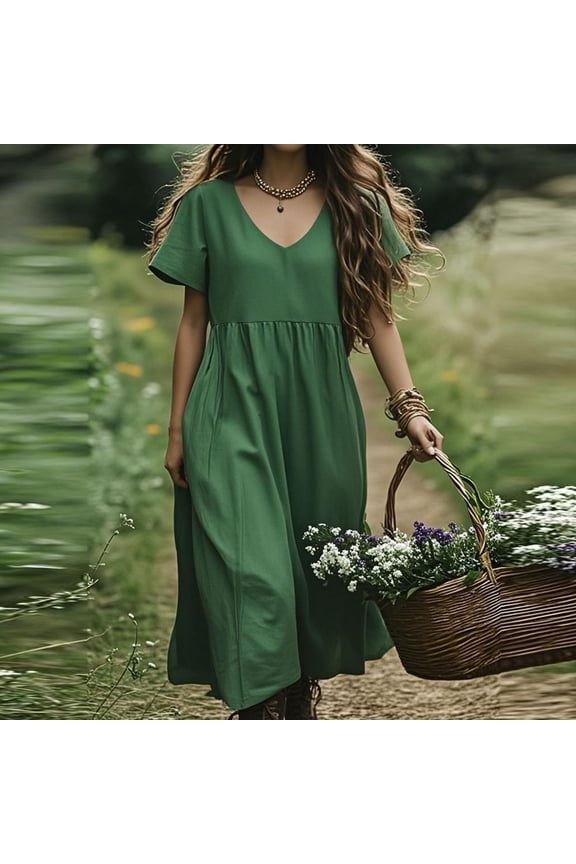 Women's V Neck Long Sleeve Loose Maxi Dress, Boho Outerwear for Summer Farm Trips Outdoor Gatherings