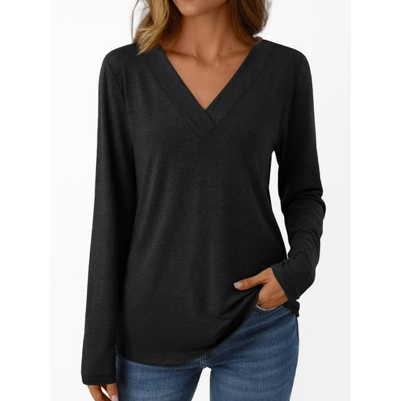 DailyTrove Women's V-Neck Long Sleeve Relaxed Fit Solid Top - Everyday Casual Wear,Black,XL