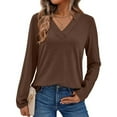 thumbnail image 1 of DailyTrove Women's V-Neck Long Sleeve Relaxed Fit Solid Top - Everyday Casual Wear,Brown,XXL, 1 of 2