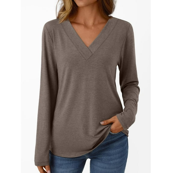 DailyTrove Women's V-Neck Long Sleeve Relaxed Fit Solid Top - Everyday Casual Wear,Khaki,M