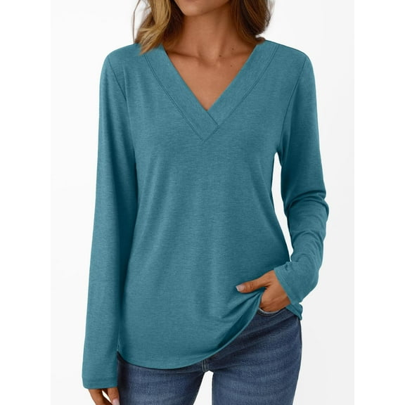 DailyTrove Women's V-Neck Long Sleeve Relaxed Fit Solid Top - Everyday Casual Wear,Light Blue,S
