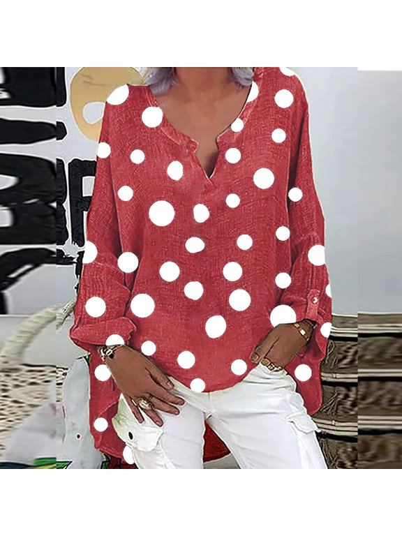 Women's V-Neck Polka Dot Long Sleeve Blouse - Patterned, Loose Fit, Casual Daily & Weekend Wear,Red