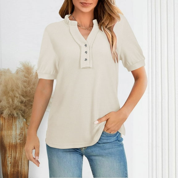 DailyTrove Women's V-Neck Short Sleeve Button Top - Summer Casual Daily Wear,Beige,S