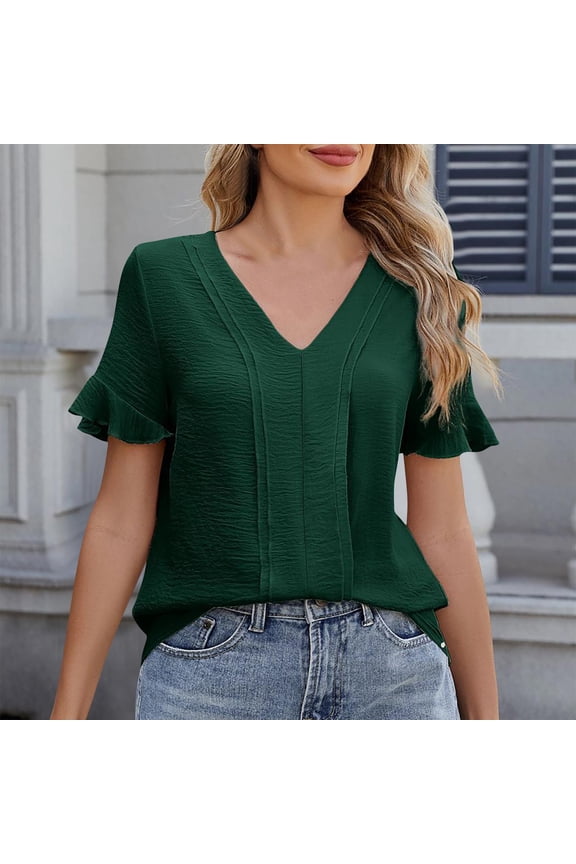 Women's V-Neck Short Sleeve Slim Fit Flutter Sleeve Top - Casual Date Wear,Green,L