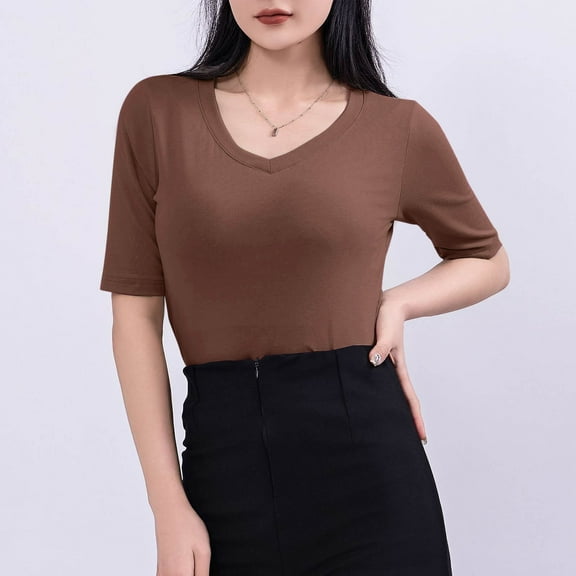 DailyTrove Women's V-Neck Short Sleeve Slim Fit Solid Top - Everyday Casual Wear,Coffee,M