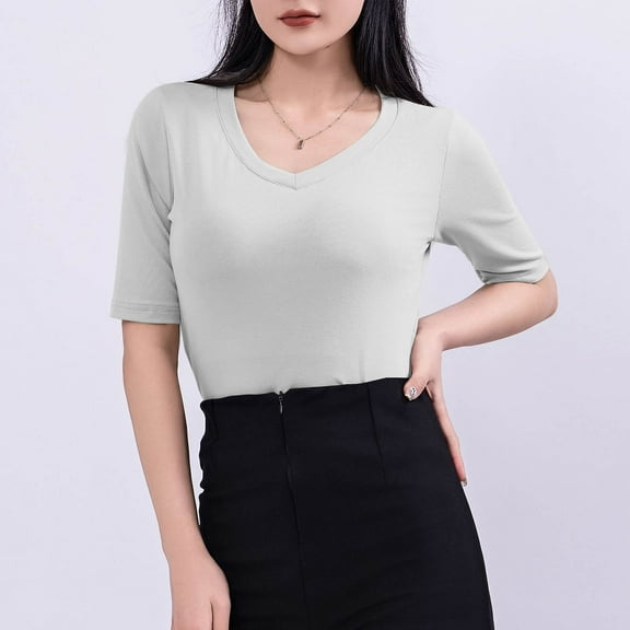DailyTrove Women's V-Neck Short Sleeve Slim Fit Solid Top - Everyday Casual Wear,Gray,L