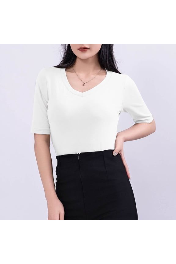 Women's V-Neck Short Sleeve Slim Fit Solid Top - Everyday Casual Wear,White,XXL