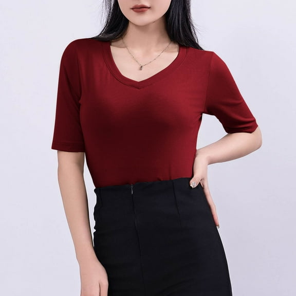 DailyTrove Women's V-Neck Short Sleeve Slim Fit Solid Top - Everyday Casual Wear,Wine,M