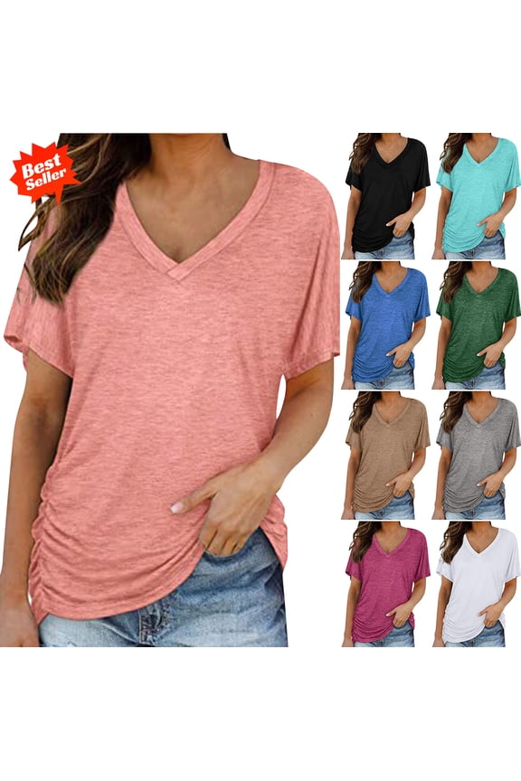 Women's V Neck Short Sleeve T-Shirt, Casual Ruched Side Tee with Drawstring
